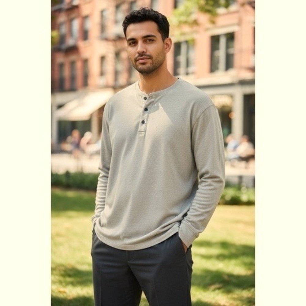 Croft & Barrow Mens Large oatmeal Long Sleeve Henley Shirt 100% Cotton